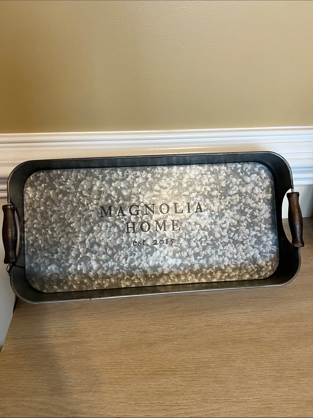 Magnolia Home Galvanized Tray with Dark Wood Handles